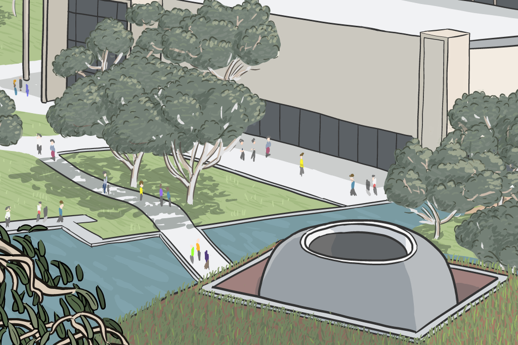 High angle view of people walking near the James Turrell Skyspace in Canberra