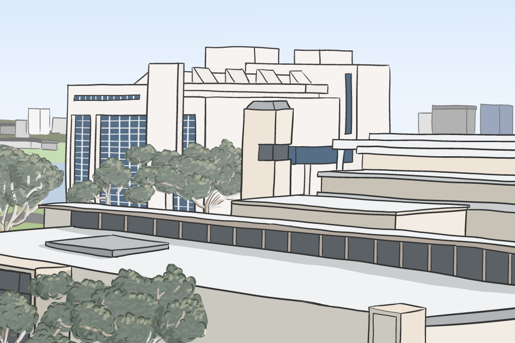 Drawing of the National Gallera of Australia (foreground) and High Court of Australia (background)