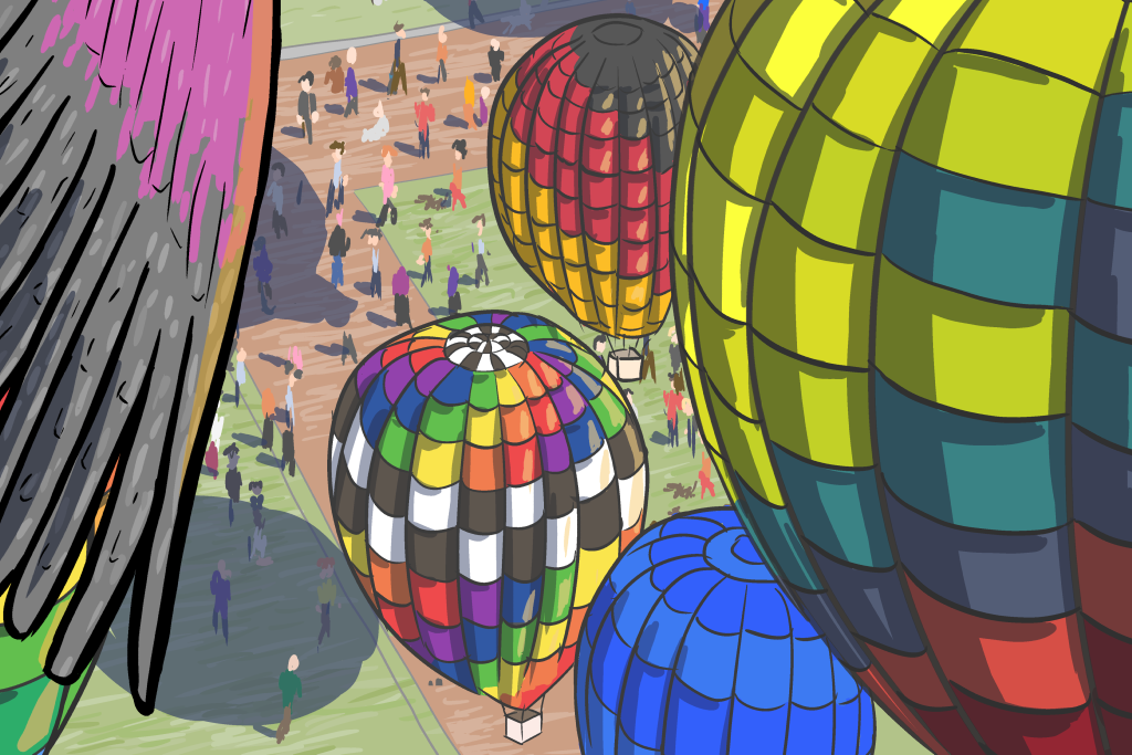 High angle cartoon drawing of hot air balloons from above