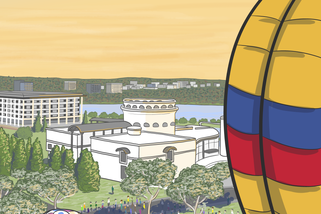 Cartoon drawing of Questacon building in Canberra with hot air balloon nearby
