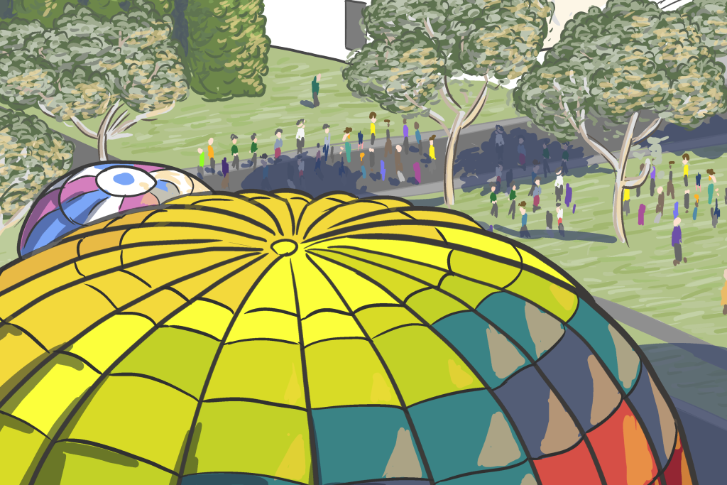 High angle drawing of top of hot air balloon in cartoon style
