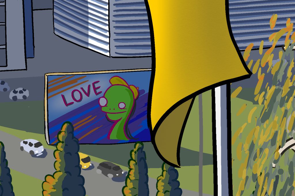 Cartoon of the love dinosaur graffiti on a wall in Canberra