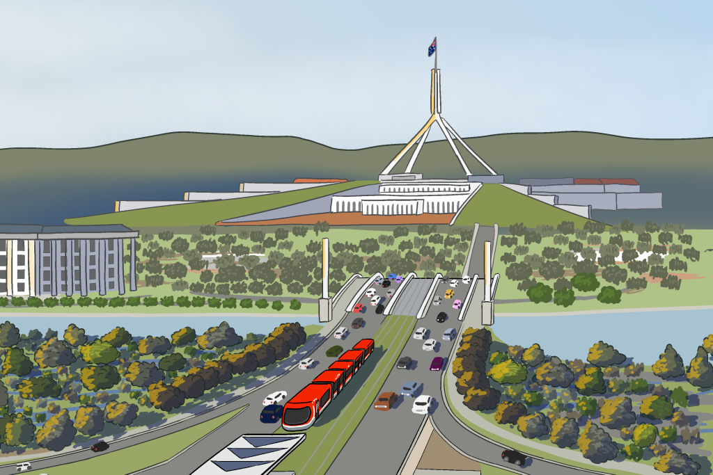 View towards Parliament House in Canberra, showing light rail trains along Commonwealth Avenue bridge