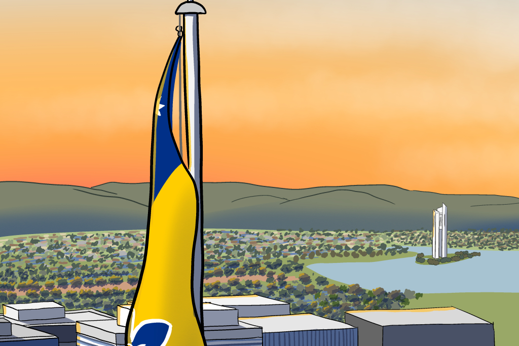 Detail of ACT flag with sunrise and Carillon behind