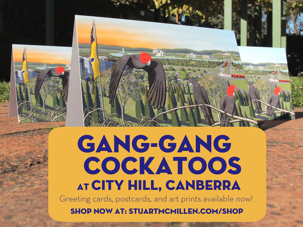 Greeting card: Gang-gang cockatoos at City Hill, Canberra