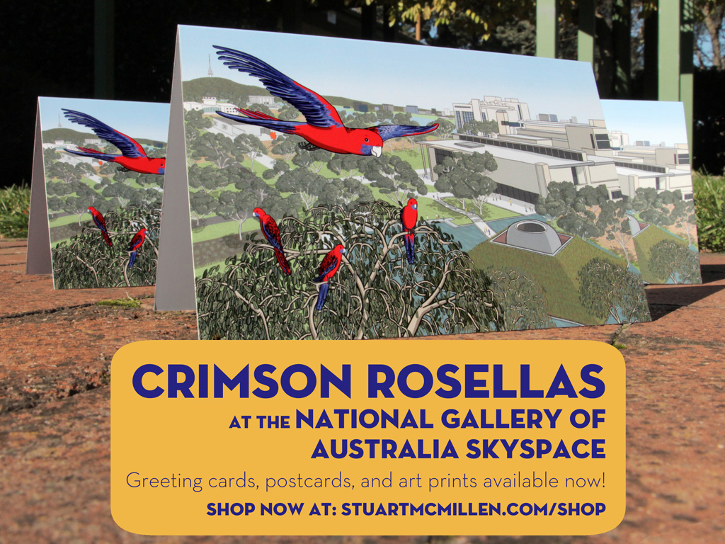 Crimson rosellas at the National Gallery of Australia Skyspace - information