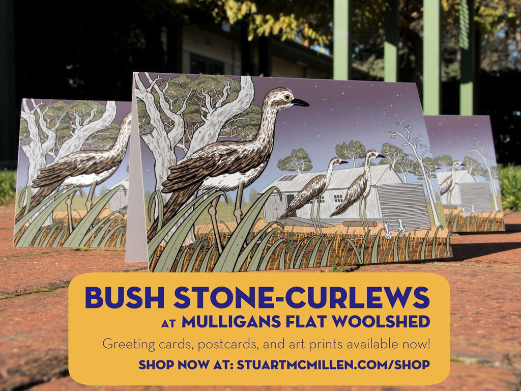 Greeting card: Bush Stone-Curlews at Mulligans Flat Woolshed