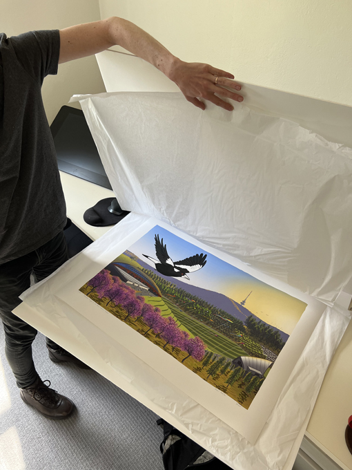 Overhead view of Magpie at the arboretum A1 print in folio folder