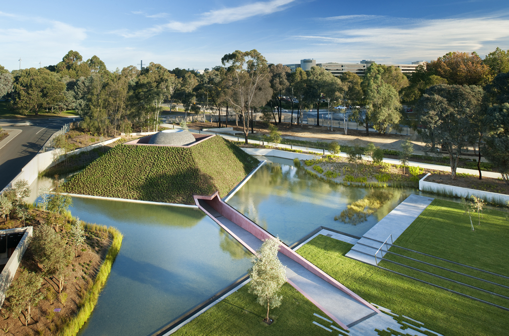 Aerial view of James Turrell Skyspace at NGA in Canberra