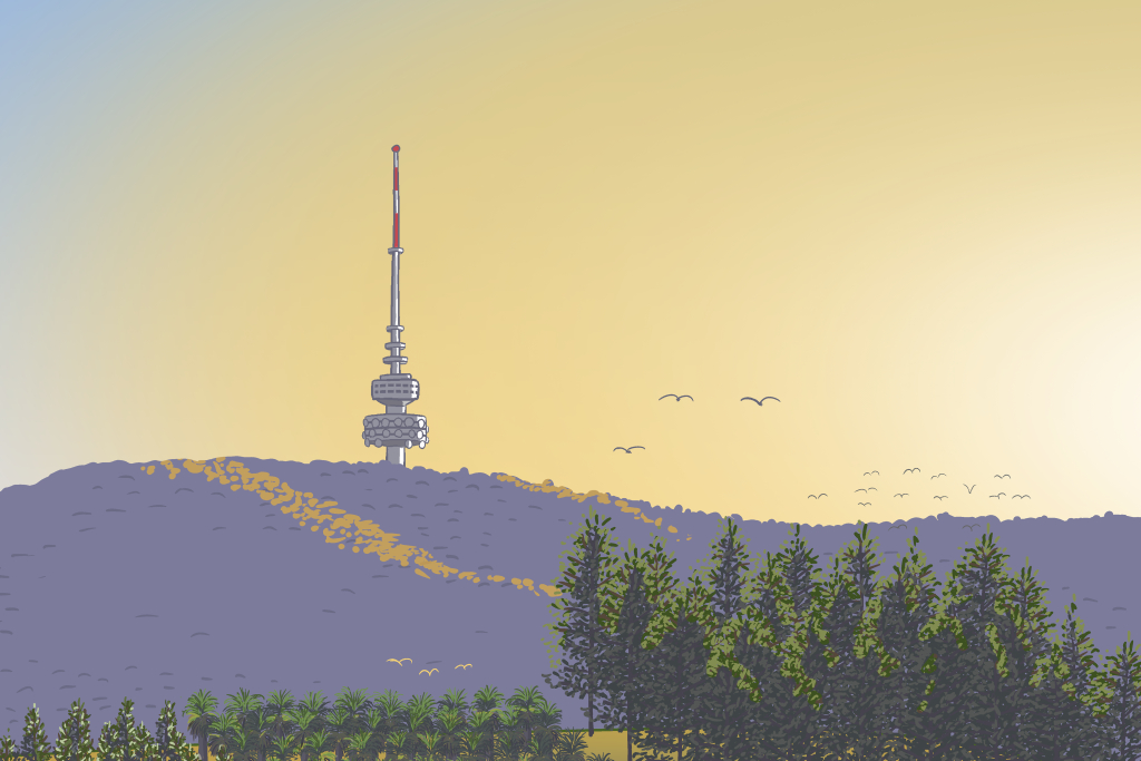 Drawing of Telstra Tower in silhouette of morning sun sunrise