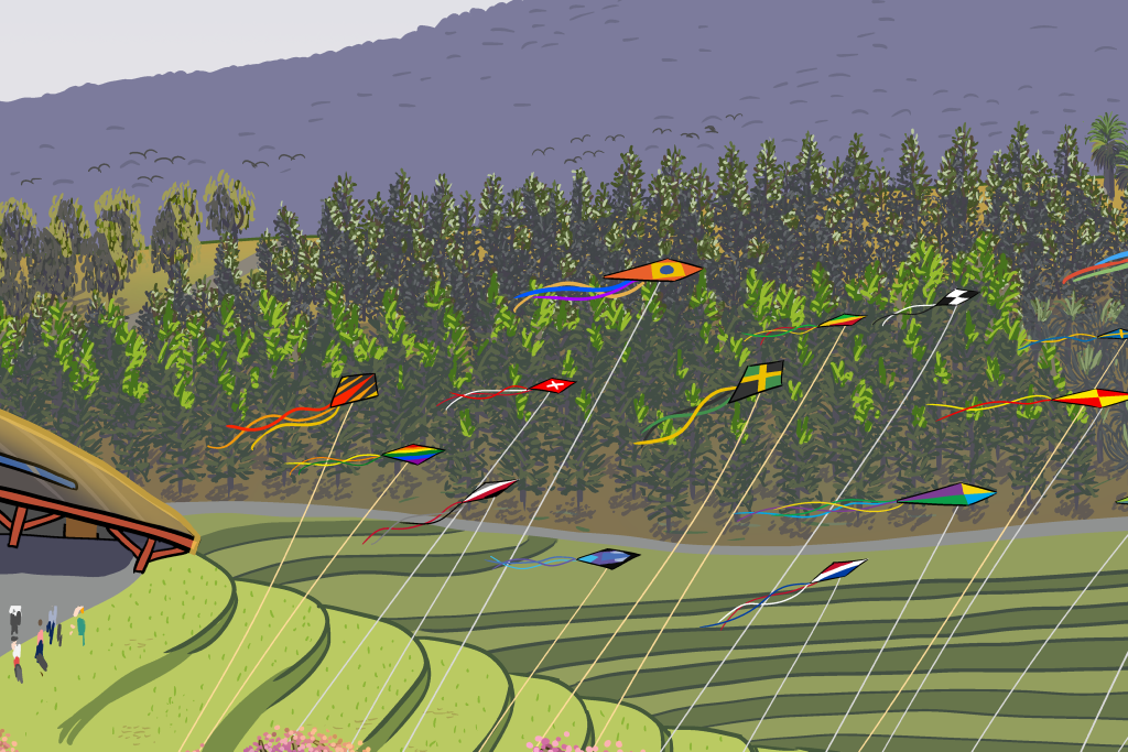 Cartoon kites flying above green grassy hillside