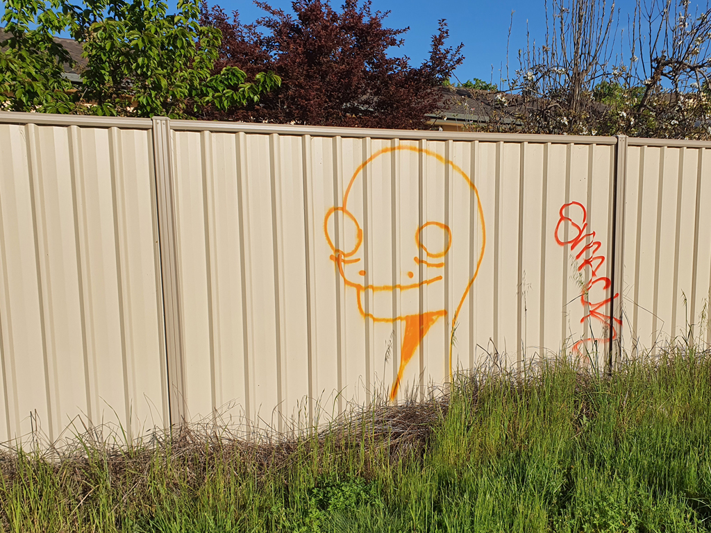 Alien dude graffiti painted on Canberra fence