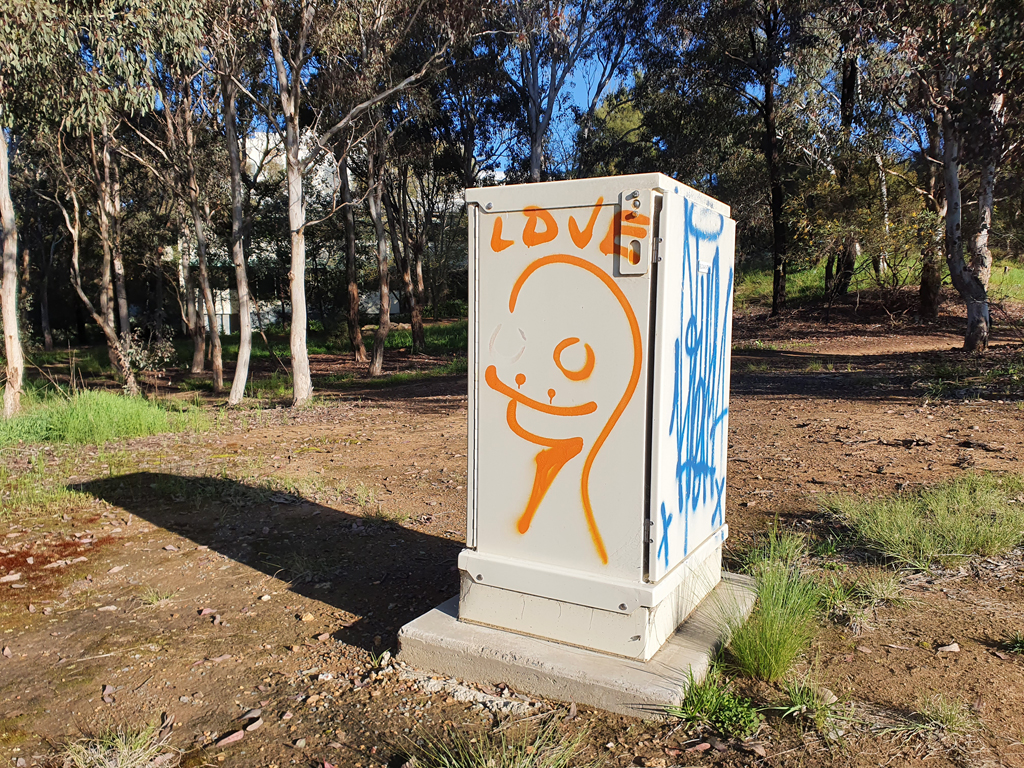 'Love Dinosaur' graffiti spraypainted on Canberra phone cabinet