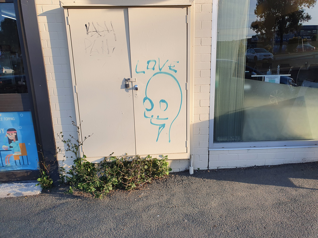 Door with Canberra 'love dinosaur' graffiti sprayed on it