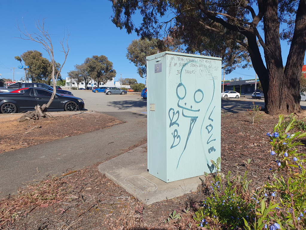 Graffiti sprayed on Belconnen cabinet box near carpark