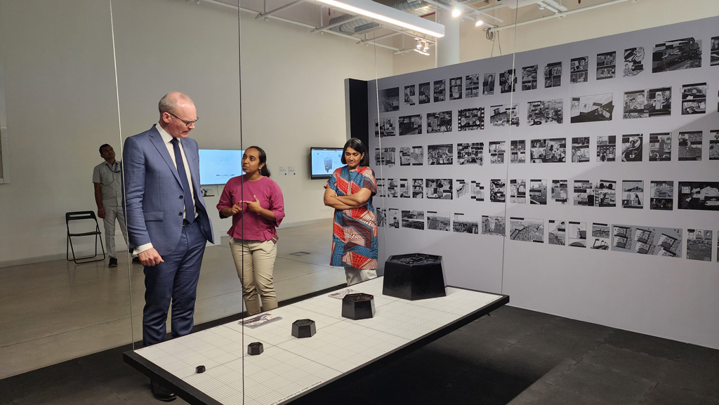 Simon Coveney T.D., Irish Minister for Enterprise, Trade and Employment visits Science Gallery Bengaluru's CARBON exhibition in 2024, and inspects Energy Slave Tokens and Peak Oil artworks